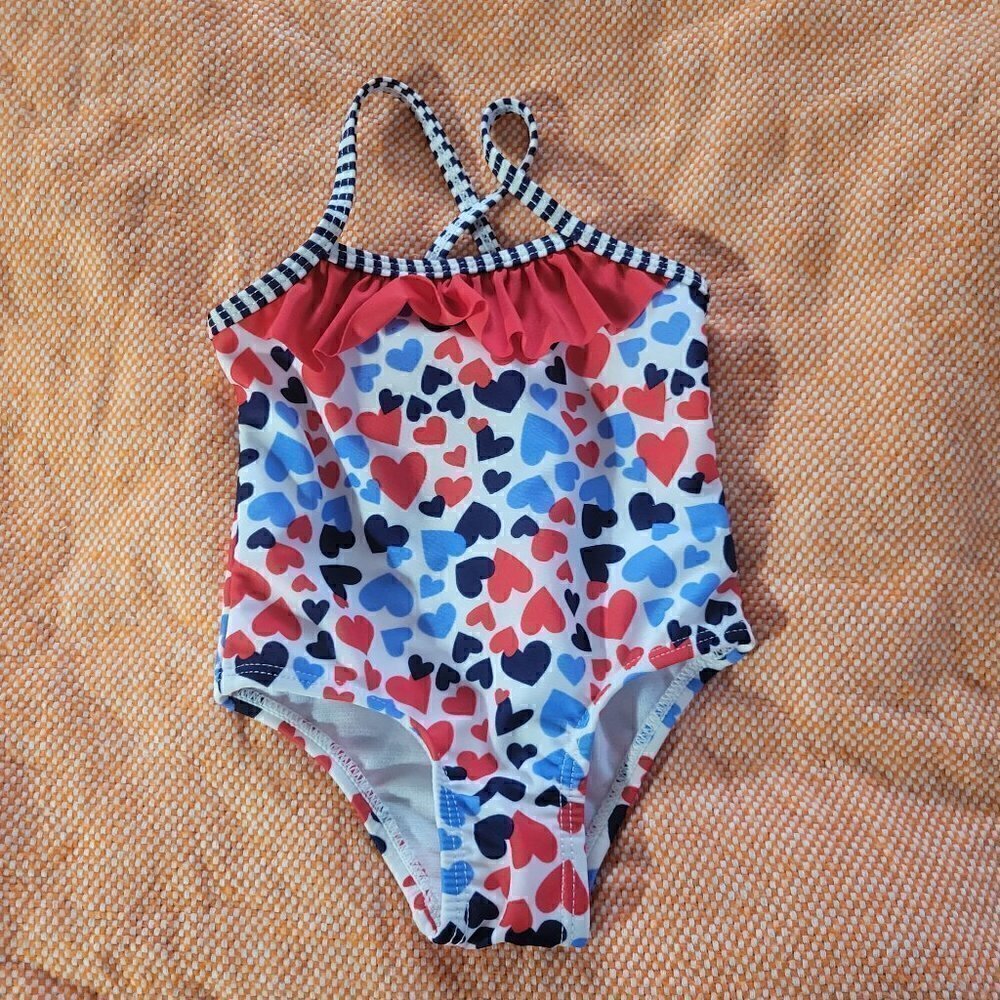 LikeNew Healthtex Red White And Blue Hearts One Piece Swimsuit Girls 0-3 Months